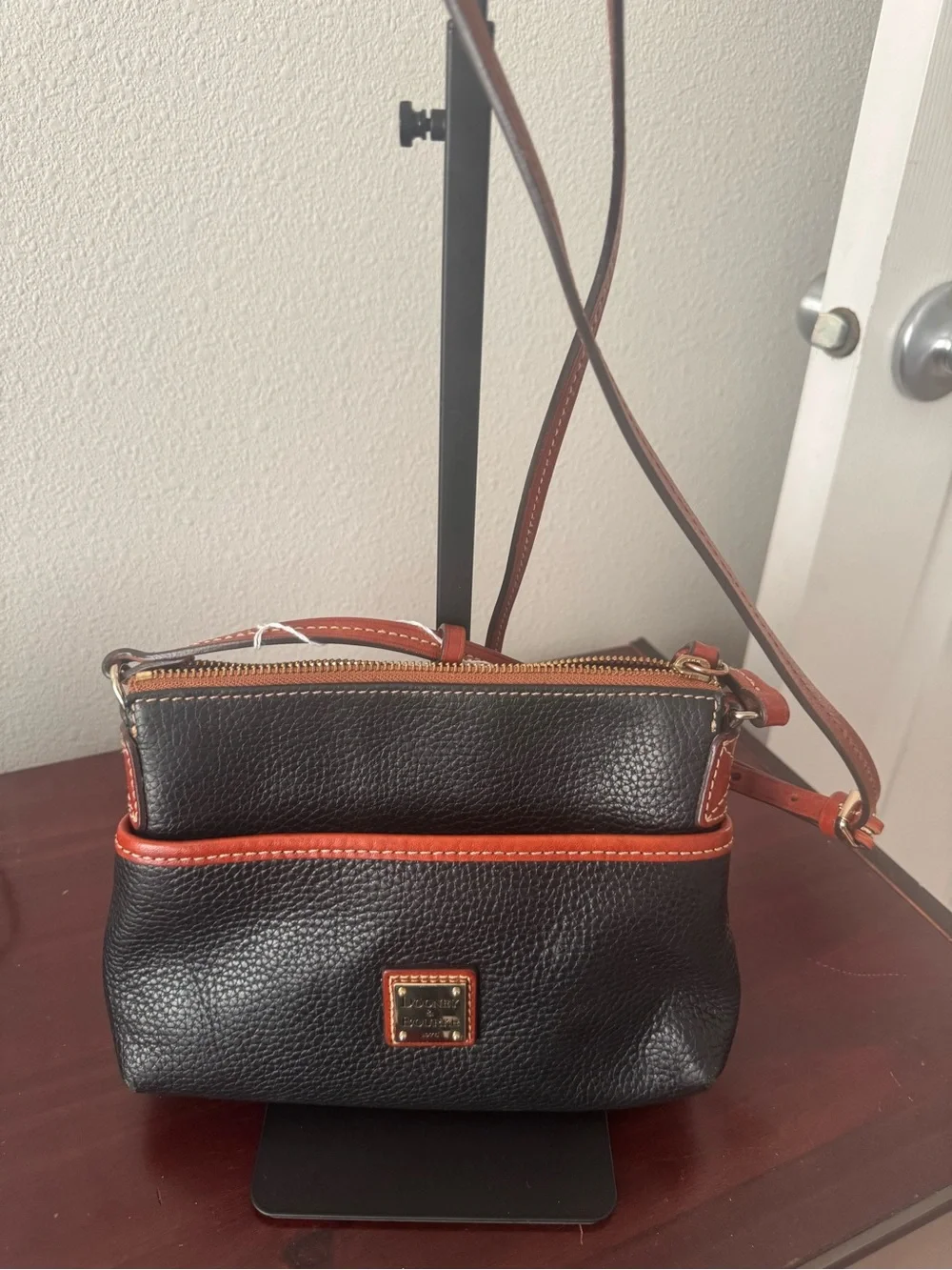 Dooney & Bourke Black Pebble Leather Crossbody with Brown Trim